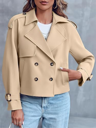 ebossy Women's Double Breasted Short Duster Trench Coat Lapel Loose Windproof Cropped Jacket Coat with Pockets - color: Light Khaki, size: Small