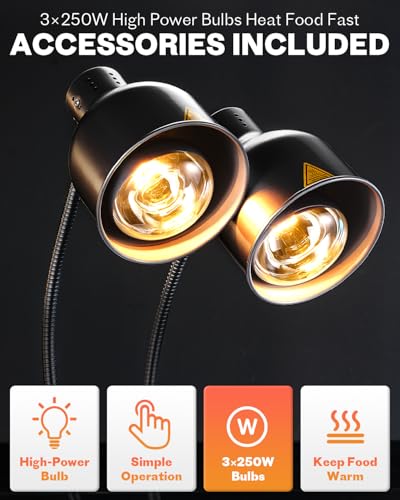 Food Heat Lamp with 3 Bulbs, 500W Rapid and Steady Heating, Painted Black | Catering Food Warmer Lamp, Commercial Heat Lamp for Food, Electric Food Warming Lamp for Buffet & Parties - color: Painted Black