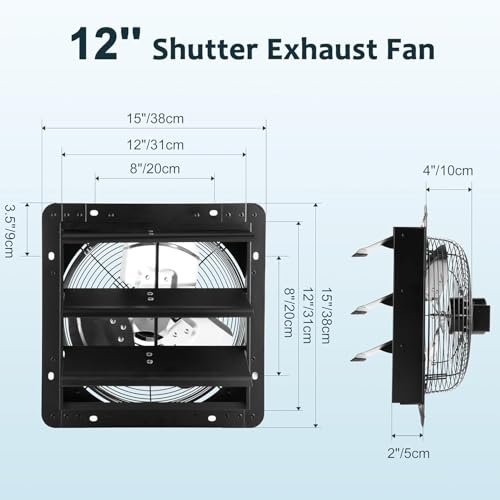 Xcity 12 inch Shutter Exhaust Fan, Wall Mounted Fan High Velocity 1500 CFM, 1600 RPM, Auto Aluminum Attic Vent Fan, Low Noise for Garage,Warehouse, Commercial, Greenhouse Ventilation Cooling - size: 12 Inch-B