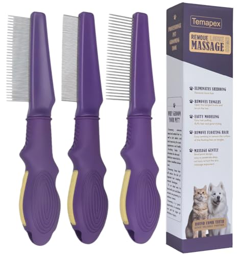 Temapex 3PCS Pet Comb for Grooming Long & Short Haired Cats & Dogs With Stainless Steel Metal Teeth for Removes Tangles & Flea, Non-Slip & Anti-Static Rubber Handle, Safe & Gentle - size: Pet Detangling Comb + Flea Comb + Grooming Comb