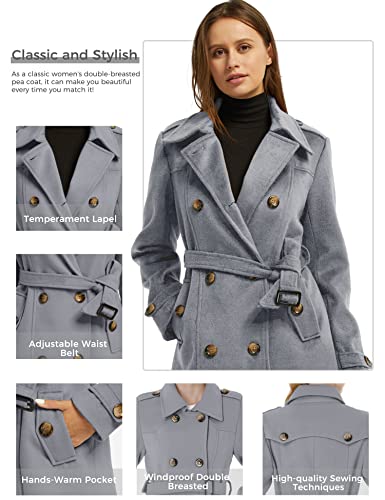 wantdo Women's Double Breasted Pea Coat Winter Mid-Long Trench Coat | Lapel Collar Jacket,Outwear,Windproof Dress Coat,for Fall Spring,Casual Daily Wear,Adjustable Belt - color: Grey, size: Small