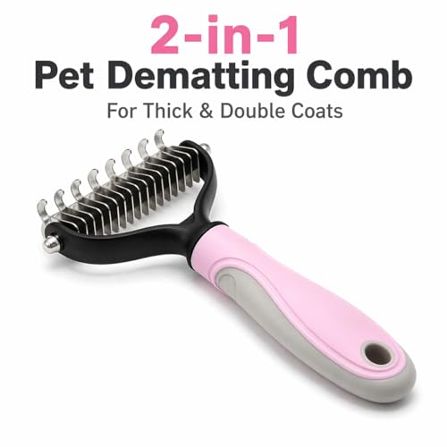 Pet Pro Grooming Tool, 2-In-1 Double-Sided Grooming Tool, Sided Deshedding Dematting Tool, Undercoat Rake for Dogs & Cats, Extra-Wide Dog Grooming Brush & Deshedder Comb for Long Hair(Blue + Pink)