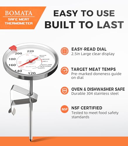 BOMATA 2 Pack Meat Thermometer Oven Safe, Leave in Probe Food Thermometer | 2.5 in Extra-Large Dial, IPX8 Waterproof, NSF Certified, 304 Stainless Steel, for Cooking, Steak, Chicken, Turkey, Pork, Lamb