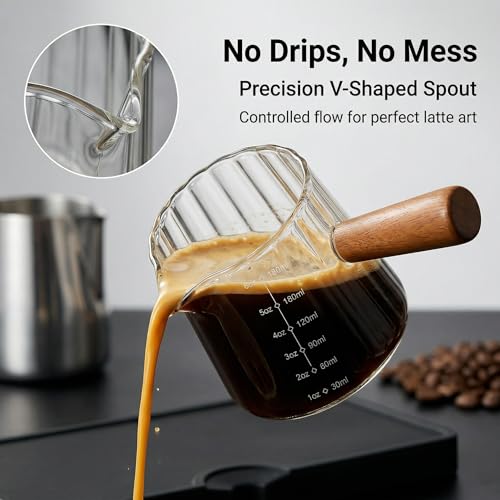 6 oz Espresso Cups With Wood Handle, Espresso Accessories, Ribbed Milk Frothing Pitcher, Glass Measuring Cup, Shot Glass with V-Shaped Mouth, Coffee Bar Epresso Shots Cup