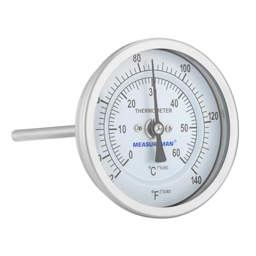Measureman Fully Stainless Steel Bi-Metal Dial Thermometer, 3" Dial, 6" Stem, 32-140 deg F/0-60 deg C, +/-1% Accuracy, Adjustable, 1/2" NPT Back Mount - size: 3" Dial, 6" Stem, 32-140 deg F/0-60 deg C, style: 6" Stem