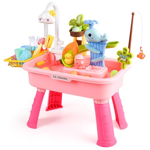 Upgraded Toddler Sand Water Table Toy with Electric Water Pump, Kids Sand Water with Faucet/Play Food Accessories/Fishing Toy, Kitchen Play Sink Toys for Girl Boy Age 3+ (Pink) - color: Pink