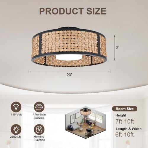 20" Boho Caged Ceiling Fan with LED Light and Remote Flush Mount | Woven Rattan Fandelier Low Profile Small Chandelier for Bedroom Kitchen Living Room 3CCT Dimmable Reversible DC Motor 6 Speed