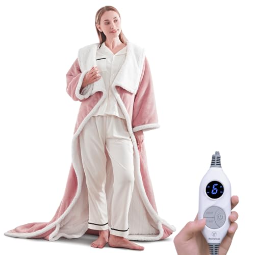Westinghouse Wearable Heated Blanket with Foot Pocket Sherpa 50x70+18 Pink | Electric Snuggle Throw with Foot Pocket, Flannel Sherpa 6 Heating Levels & 2-10 Hours Auto Shut Off, Home Office Use - color: Pink&ivory, size: 70*50" Heated Snuggle Blanket (Lon