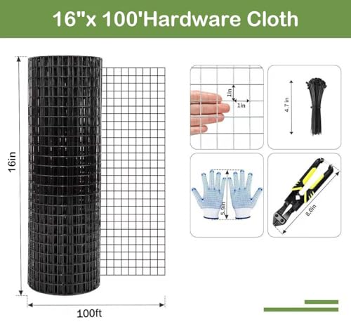 Tongmo 16" x 100' Black Hardware Cloth, 1inch Mesh Chicken Wire Fence, 19 Gauge Vinyl Coated Wire and Welded Wire Roll,Garden Fence, Poultry Netting for Rabbit/Duck/Chicken Coop