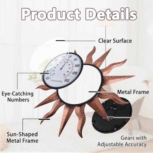 VEWOGITF 14" Sun Outdoor Thermometer | Retro Indoor Wall Thermometer No Need Battery, Metal Thermomter for Patio Garden Living Room Decor - color: Copper Sun