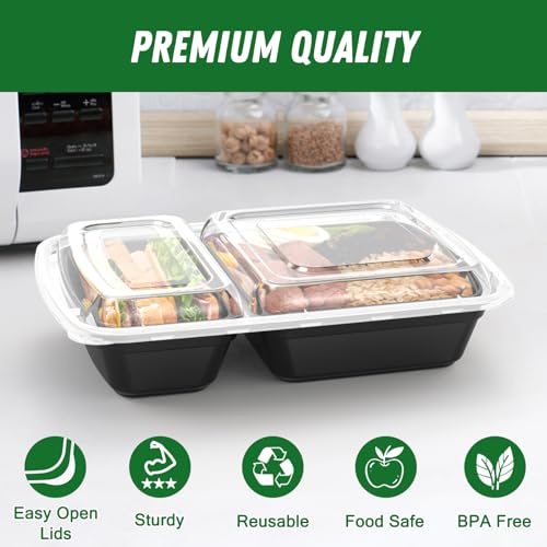 Dealusy 50 Pack 28 oz Meal Prep Containers with Lids 2-Compartment, Black | Sturdy Leakproof & Food Safe, Microwave, Freezer, Dishwasher Safe Prep Containers, To Go Take Out Plastic Food Storage - color: Black