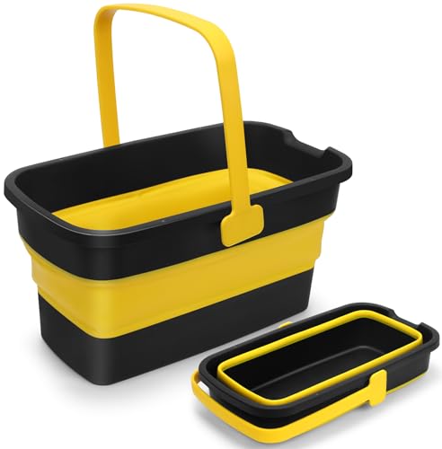 Collapsible Mop Bucket for Cleaning with Handle, Square Foldable Bucket | Silicone Wash Bucket for Windows Cleaning, Car Washing,Portable Plastic Water Bucket for Storage Household Use, 3-Gallon - color: Grey Yellow