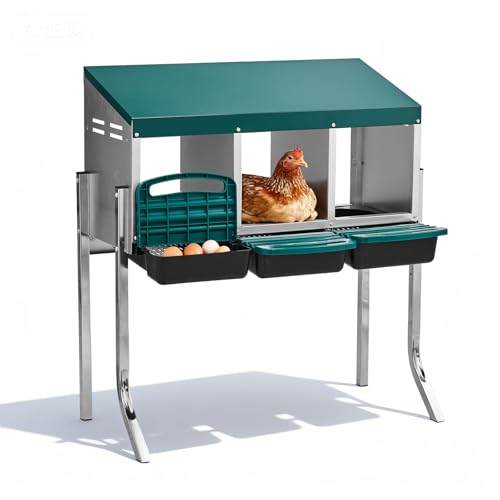 Outvita Chicken Nesting Boxes, 3 Compartments Metal Nesting Boxes for Chickens with Metal Legs, Wall/Floor Mount for Laying Eggs with Swing Perch and Roll Away Egg Collection for Chicken Coop, Green