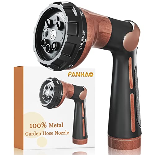 FANHAO Heavy Duty Garden Hose Nozzle, Metal Hose Sprayer Easy Thumb Control | 8 Spray Patterns, Rustproof Water Nozzle, Non-Slip Ergonomic Grip, Elder & Child Friendly for Garden, Car & Pet, Brown - color: Brown