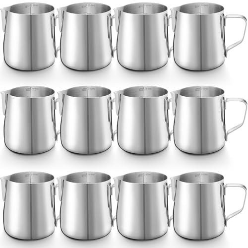 Honeydak 12 Pcs Milk Frothing Pitcher 304 Stainless Steel Steaming Pitchers for Coffee Bar Cappuccino Barista Tools Milk Jug Steamer Frother Cup (8 oz) - color: bright silver, size: 8 oz