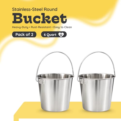 6Qt Stainless Steel Hanging Water Bucket for Dog Kennel 2-Pack | Food & Water Pail, 1.5 Gallon Capacity, Heavy-Duty, Round Design with Carry Handle, Ideal for Dog, Cats, Goats & farm animals - size: 6 Quart (Pack of 2)