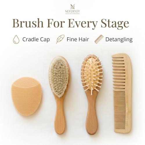Baby Hair Brush & Cradle Cap Brush, Newborn Grooming Kit | 4-piece grooming set ,Soft goat hair bristles ,Great for all hair types ,Gender neutral newborn