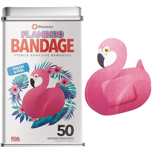 BioSwiss Bandages, Flamingo Shaped Self Adhesive Bandage Set, Latex Free, Sterile Wound Care, 50 Count - size: 50-Count Tin, style: Flamingo