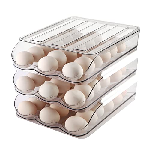 MesRosa Egg Holder for Fridge, Automatic Rolling Container Storage 54 Eggs | Clear Large Capacity Egg Organizer for Refrigerator with Lid, Stackable Dispenser, Tray & Bin, Saving Space -3 Layer - size: 3 Layers Holder 54 Eggs