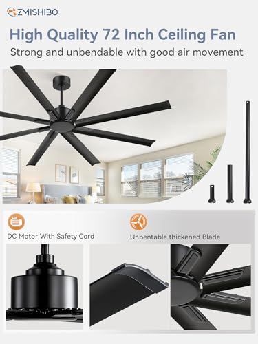 ZMISHIBO 72 Inch Ceiling Fan without Light, 8 Aluminum Reversible Blades | Industrial-Grade, DC Motor, Damp Rated, 6 Speeds, Remote Control, 3 Downrods, Flat/Sloped Ceiling, Living Room, Patio, Gym - color: Black, size: 72inch