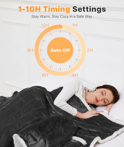 SIHOHAN Portable Heated Blanket with Foot Pockets for Wearable | Heated Throw Blanket, Flannel & Sherpa, 8 Heat Levels & Timer, 50x70 Inch Grey Home Office Travel, Machine Washable - size: 50*70 Grayish White