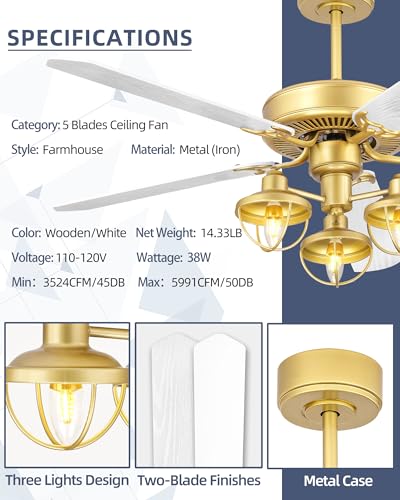 YOUKAIN 52-Inch Farmhouse Ceiling Fan with 3 Lights & Remote, Gold/Wood | 5 reversible blades, industrial-inspired gold and wood finish for indoor/outdoor use and covered patios