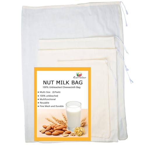 8Pack Nut Milk Bags,4 Sizes Unbleached Cotton Cheesecloth Bags,Food Strainer Bags,Reusable Muslin Strainer Bags for Yogurt, Juice,Wine,Cheese making(8x12"/12x14"/12x16"/16x22")