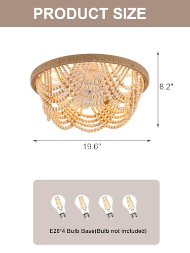 20'' Boho Ceiling Fan with Lights Remote Flush Mount Fandelier | Wood Beaded Coastal Chandelier for Bedroom Living Room, Low Profile Reversible DC Motor 6 Speeds, 4 E26 Bulbs (Not Included) - color: Wood