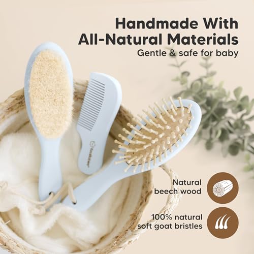 Wooden Baby Hair Brush Set for Newborns, Toddler Comb (Frost, Regular) | Soft Goat Bristle, Baby Brush and Comb Set, Infant Grooming Kit, Cradle Cap Care, Durable & Gentle, Boy, Girl Bath Essential - color: Frost, size: Oval, Regular 7"