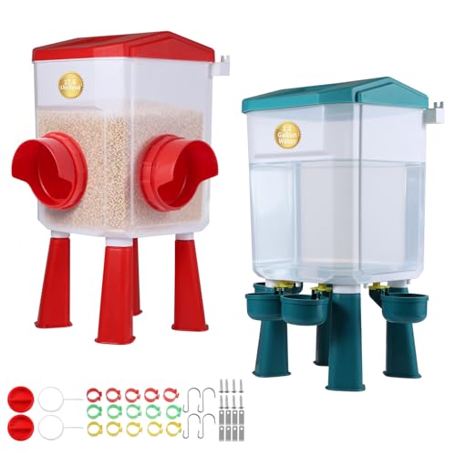 Chicken Feeder and Waterer Set - 2.1 Gal & 17.6 Lbs Automatic Gravity Poultry Kit - No Waste Port Feeder, Leak Proof Hanging Waterer w/Adjustable Legs for Chicks Hens