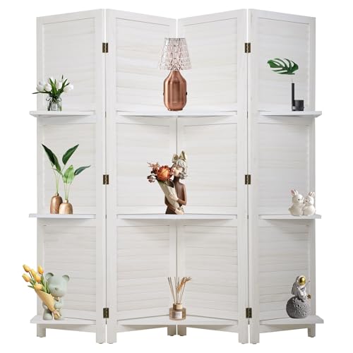 Room Divider 4 Panel Folding Wood 5.6 Ft Tall Privacy Screen Dividers Wall with Three Shelves Portable Partition (White) - color: White