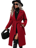 utcoco Womens Long Wool Pea Coat Notched Lapel Double Breasted Trench Coat Winter Warm Overcoat with Belt - color: Red, size: X-Small