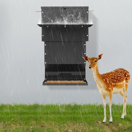 Large Metal Hanging Deer Feeder with Lid, 59Lbs Capacity Heavy Duty Hanging Livestock Gravity Feeder, Carbon Steel Deer Feeding Station