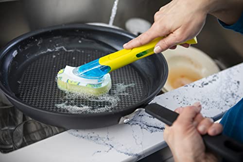 Scrub Daddy Dish Wand, Soap Dispensing Dish Brush, Texture Changing Washing Up Sponge with Liquid Handle, Built-in Scraper & Detachable Scrubbing Head, Drip Stand, Yellow - color: Yellow