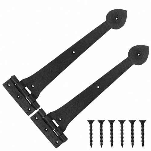 2 Pack 15 Inch Heavy-Duty T-Shape Strap Hinge with Screw Black Powder Coated Wrought Iron Spade Tip Strap Door Gate Hinges for Shed Barn Fence Blind Shutter Wood Frame Doors (Classic Style)