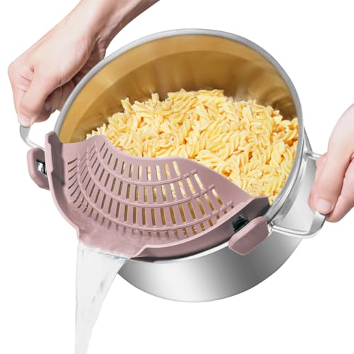AUOON Pot Strainer Clip on Silicone, Large 10.45 x 4.33 in, Almond Rose | Fits Pots Pans Bowls, Dishwasher Safe, for Pasta Noodles Vegetable Fruits, Space-saving Kitchen Gadget - color: Almond Rose, size: Large 10.45 x 4.33 in
