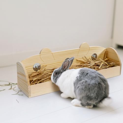 Rabbit Hay Feeder, Wooden Bunny Food Feeding Manger, Rabbit Hay Holder Less Wasted Food Dispenser for Guinea Pig, Chinchilla, Hamster