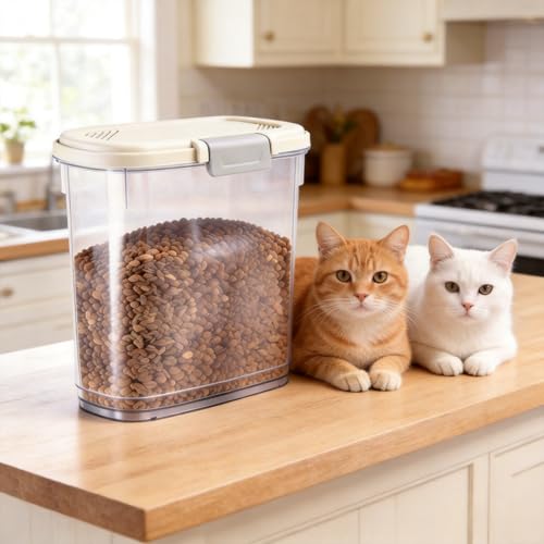 Airtight Dog Cat Pet Food Storage Container 10 Lbs, Slim Tall Dry Food Bin | Clear Plastic Pet Food Treat Container with Lid, Scoop and Cup, Food Storage Bin for Dogs, Cats, Bird Seeds, Kibble, Pellets - color: Cream White