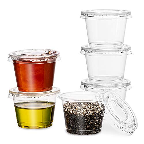 Small Plastic Containers with Lids, 1 Oz Portion Cups, 100 Sets | Mini jello shot & souffle sizes for sauce, dressing, condiments, dips, pills & sampling; airtight leakproof, stackable