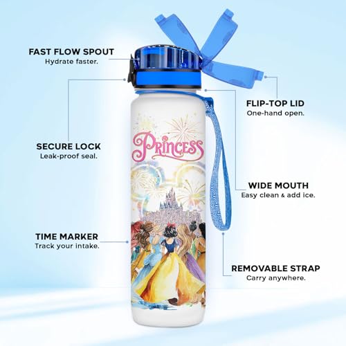 Princess Fairytale Inspired 32oz Water Bottle with Time Marker – Cute Magic Castle Design, Motivation Drink Water Bottle, Gift for Princess & Fairytale Lovers - color: Princess girl
