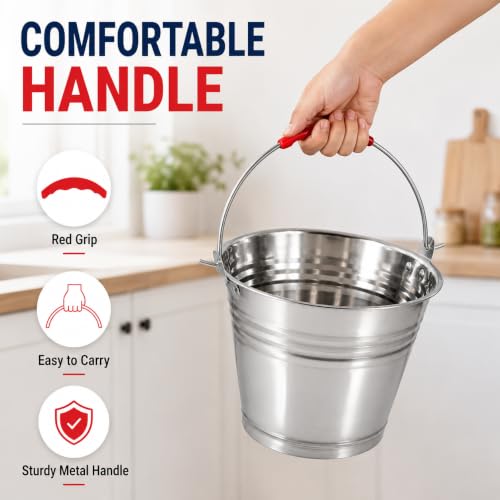 Healeved 5L Stainless Steel Bucket with Handle 9.4-Inch Round Pail | Red Grip Handle, For Ice Chilling, Beverage Service, Kitchen Carrying and Outdoor Utility Use