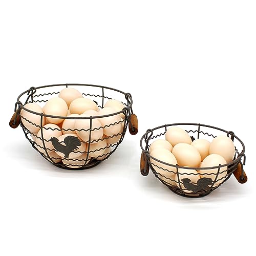 Round Wire Egg Baskets Rustic Fruit Baskets with Wooden Handles Farmhouse Collecting Basket. Rusty, Set of 2