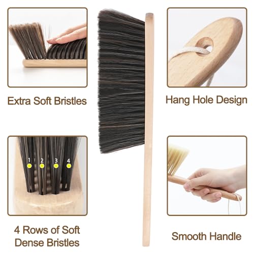 2 Pieces Wooden Dust Brush Hand Broom, Bench Brushes with Bristles, Handle Hair Brushes for Counter Bed Sofa Car Fireplace Household Woodworking Cleaning (Brown) - color: Brown