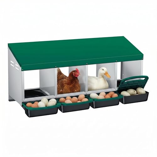 Chicken Nesting Boxes, 4 Compartment Metal Stainless Steel Chicken Laying Boxes with Removable Roll-Away Trays, Vented Holes & 2-in-1 Perch for Chickens Ducks Birds Green - color: Green, size: 1-Tier 4 Compartment