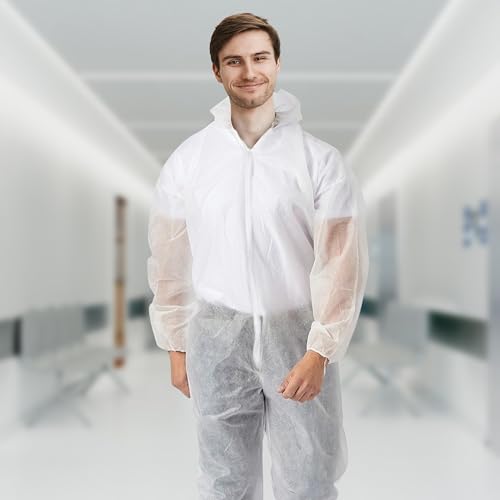 AMZ Medical Supply Disposable Coveralls with Hood and Boots, 4X-Large White, 25 Pack, Lightweight Polypropylene Paint Suit, Zipper Front, Elastic Wrists, Unisex Work Coveralls - size: 4X-Large / 25 Pack