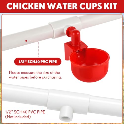LemonRoad 30 Set Automatic Chicken Waterer Cups with 1/2" PVC Tee Fitting Chicken Drinking Bowl, Poultry Drinker Mounting Hole Opener,Water Dispenser Feeder for Duck, Goose, Turkey, Pigeon(Red) - color: Red 2