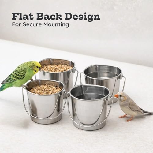 Flat Sided Stainless Steel Hanging Bucket, 1 Quart (0.25 Gallon), 4 Pack, Heavy Duty Kennel Cage Food & Water Pail for Small Dogs, Cats, Birds & Pets, Durable, Easy to Clean Feeder - size: 1 Quart (Pack of 4)