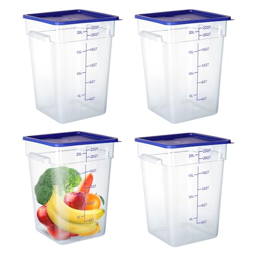 4 Pack 22 Qt Square Polycarbonate Food Storage Containers with Lids | Clear BPA-free PC with lids, side handles, measurement scale and stackable design; for food prep, storage and freezer use. - color: 22Qt
