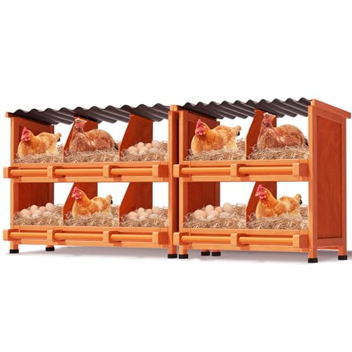 2-Tier Chicken Nesting Box, 10 Compartment Wooden Nesting Box for Chickens with Waterproof Roof, Non-Slip Stable Base, Heavy Duty Chicken Laying Boxes for Hens, Duck, Poultry, Bird, Orange - size: 67.0"L x 12.6"W x 29.8"H