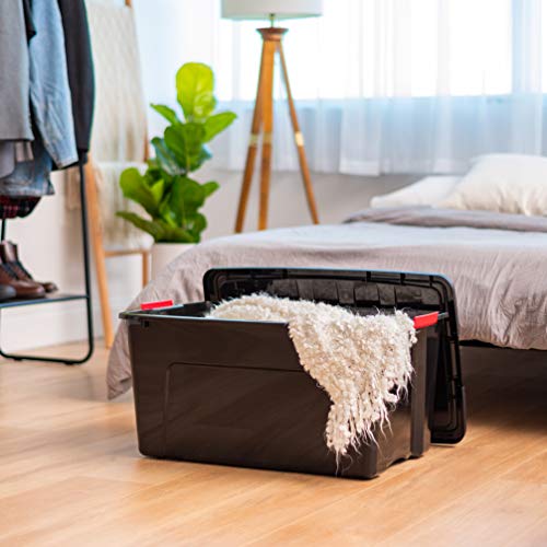 IRIS USA 4-Pack 72 Quart Storage Bins with Lids, Black | Black finish conceals stored items. Perfect for moving, blankets, clothing, and garage storage. Nestable design saves space - size: 72 Qt, style: 4 Pack